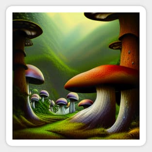 Beautiful Landscape Painting with mountains and big mushrooms, Mushrooms Sticker